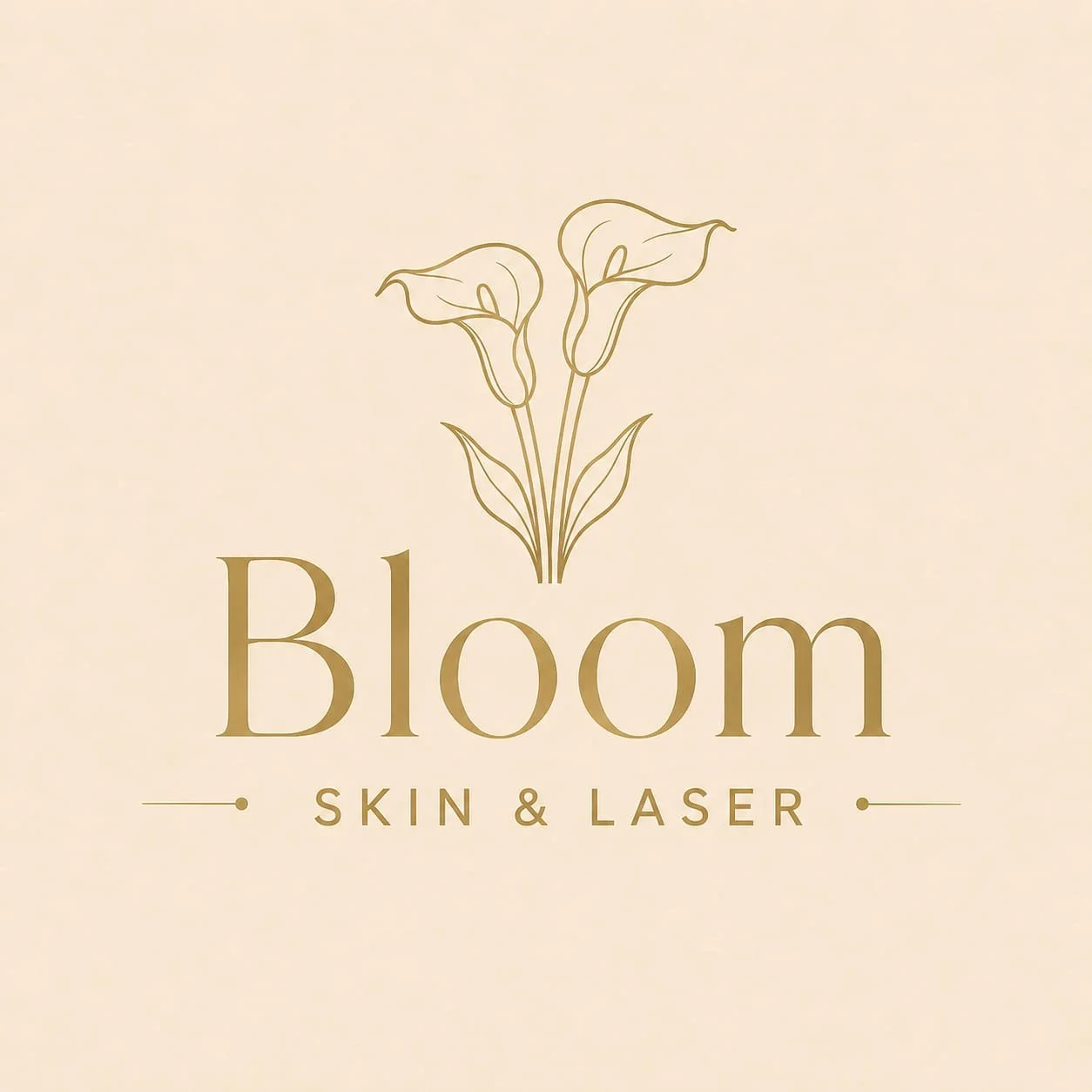 Logo for Bloom Skin & Laser featuring a minimalist line drawing of two calla lilies and the text 'Bloom Skin & Laser' in gold on a beige background.