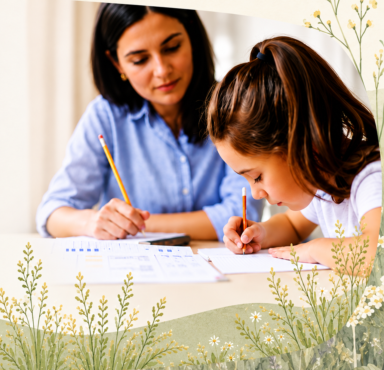 Speech-Language Pathologist helping student with homework at a desk