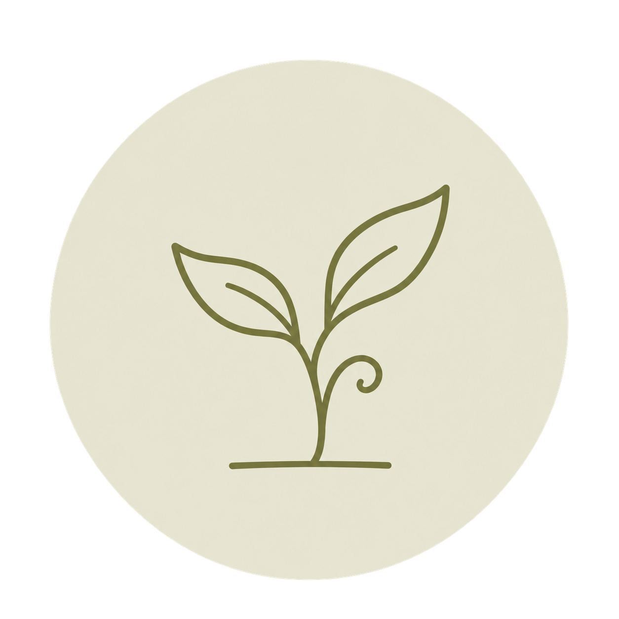 Minimalist green sprouting plant icon with two leaves and a curled tendril inside a beige circle