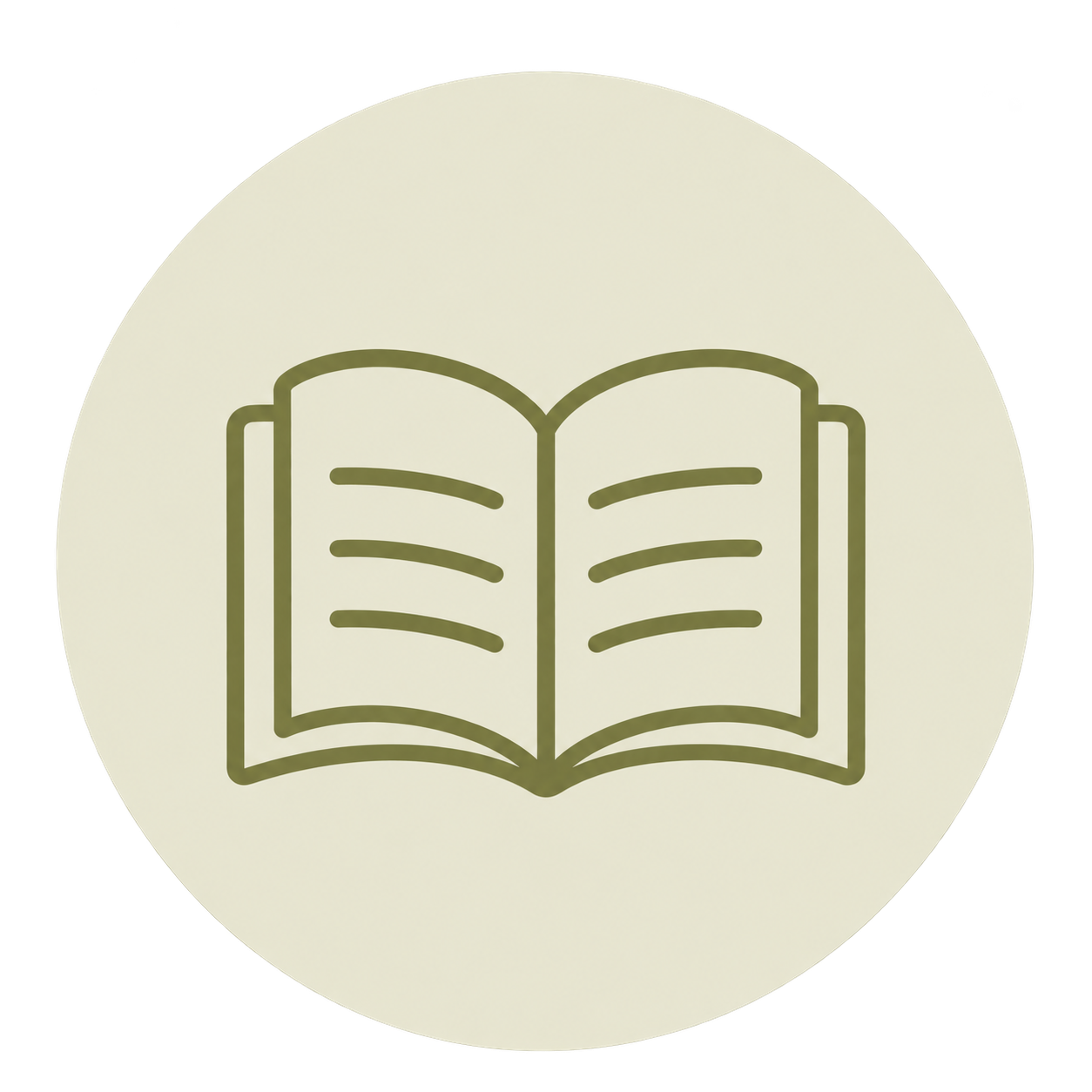 Open book icon inside a light beige circle