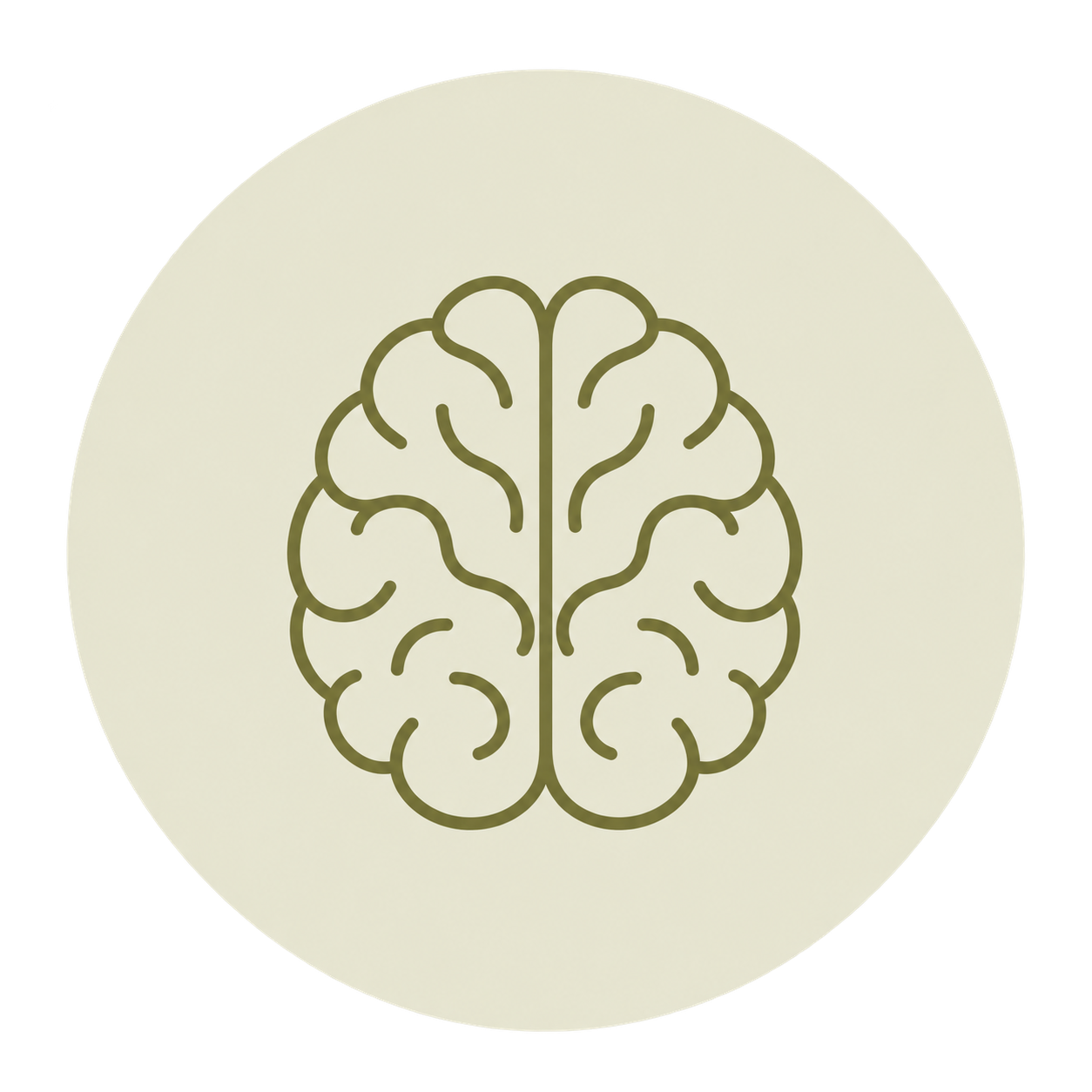 Stylized olive-green brain icon centered on a pale circular background