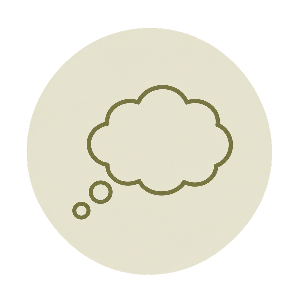 Thought bubble icon with two smaller circles on a pale beige background