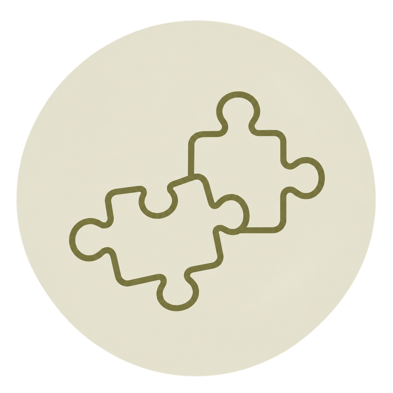 Two interlocking jigsaw puzzle pieces inside a beige circle