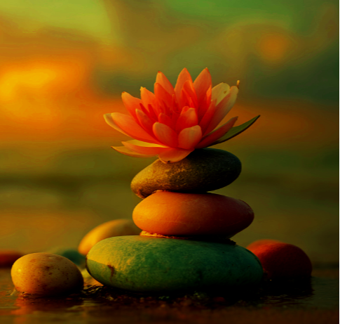 Stacked colorful stones with a pink lotus flower on top against a blurred sunset background.
