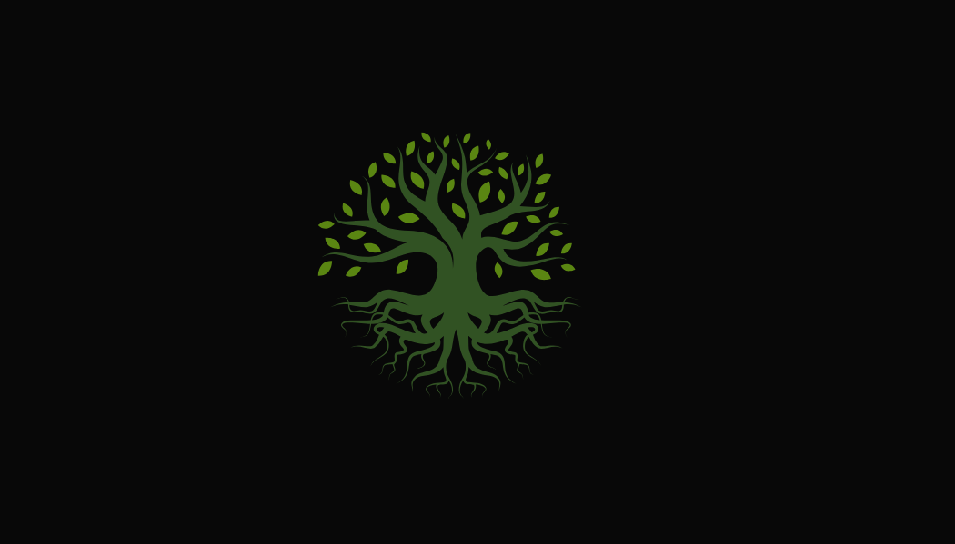 Green tree with branches and roots on a black background.