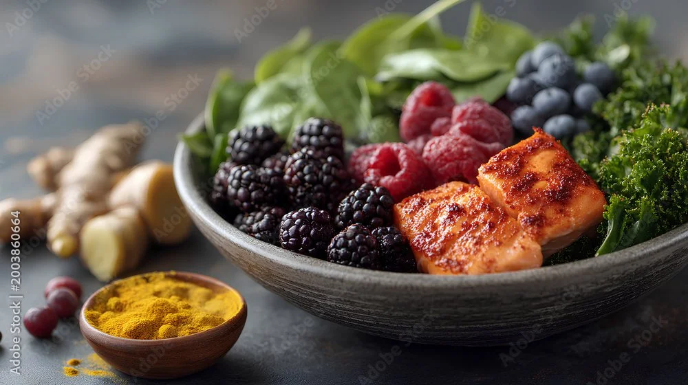 A bowl of fresh blackberries, raspberries, blueberries, and greens with ginger, turmeric, and a piece of cooked salmon nearby.