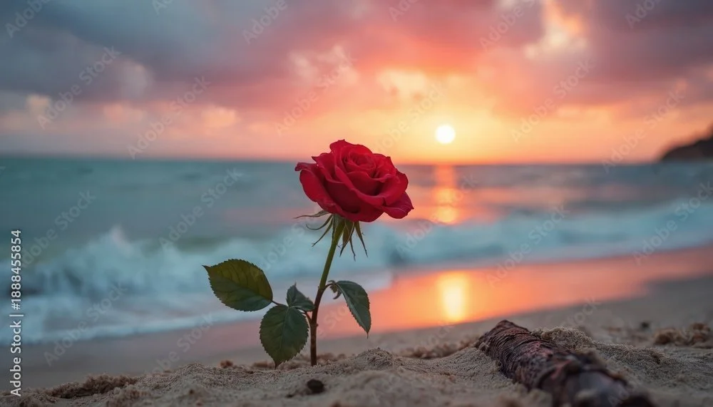 A red rose growing on beach sand with a sunset over the ocean in the background.