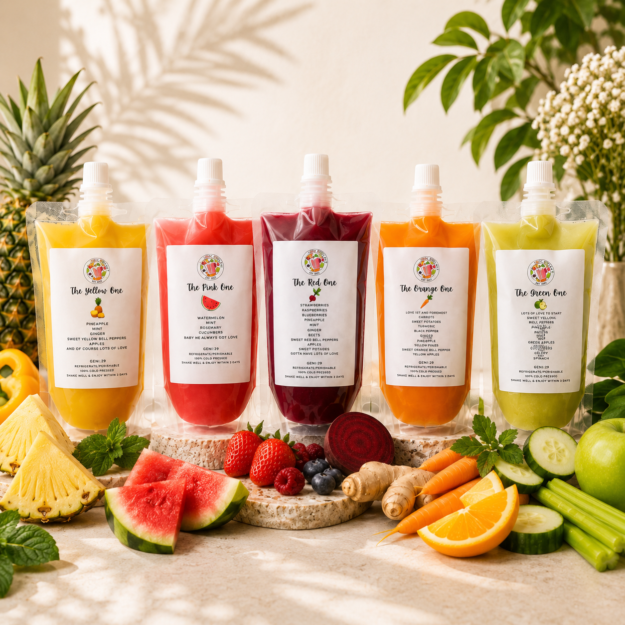 Cold-pressed juice pouches from the 3-Day Juice Reset surrounded by fresh fruits and vegetables.