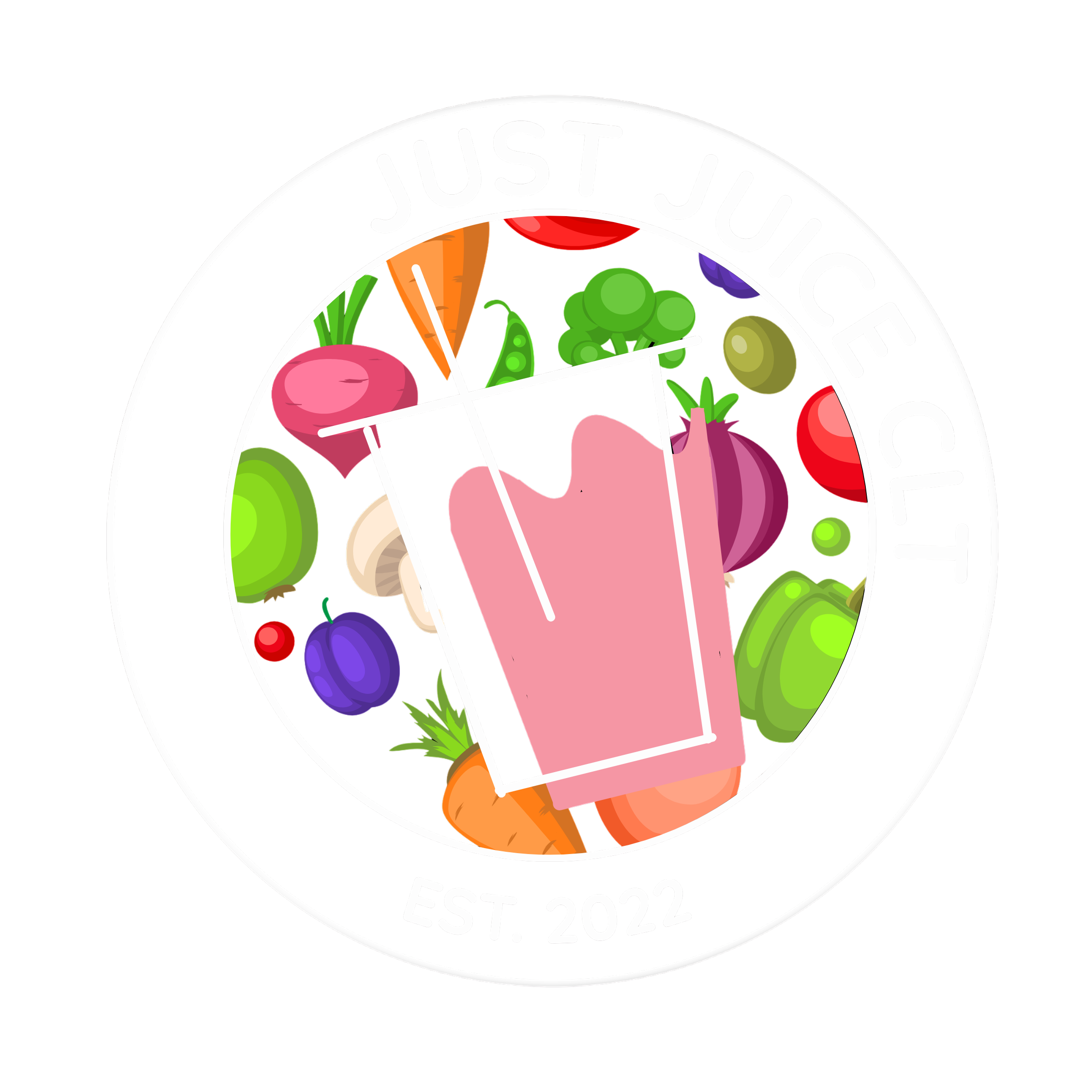 Just Juice CLT logo featuring fresh fruits and vegetables around a juice pouch.