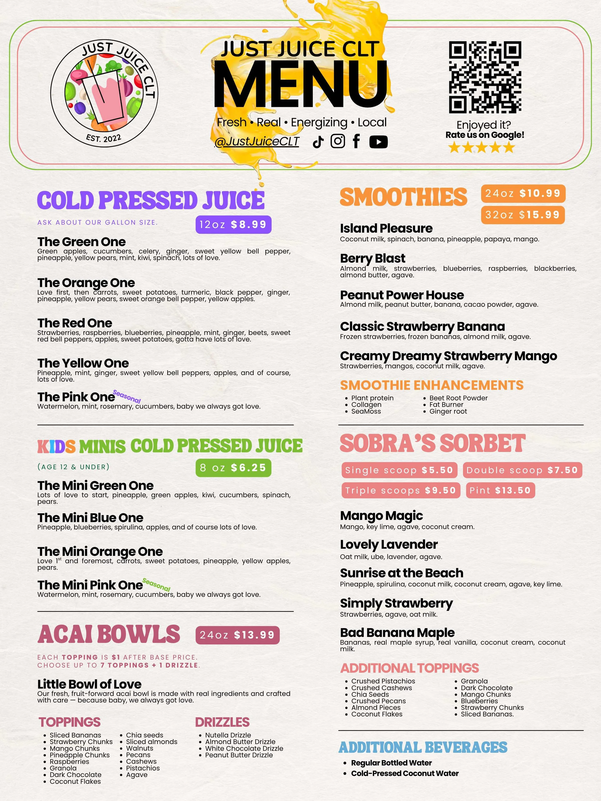 Menu for Just Juice CLT featuring fresh juices, smoothies, acai bowls, additional toppings, drizzles, and beverages. Prices range from $5.50 to $15.99.