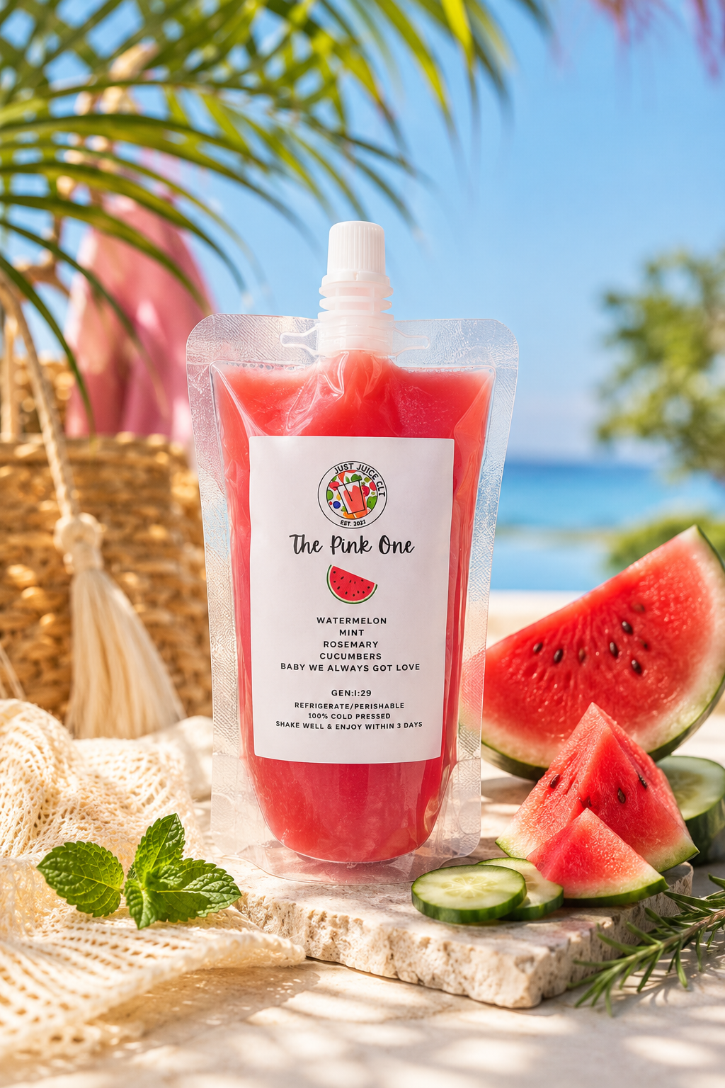 Just Juice CLT's watermelon mint cold-pressed juice pouch displayed with fresh watermelon, cucumber, mint, and a tropical beach background.