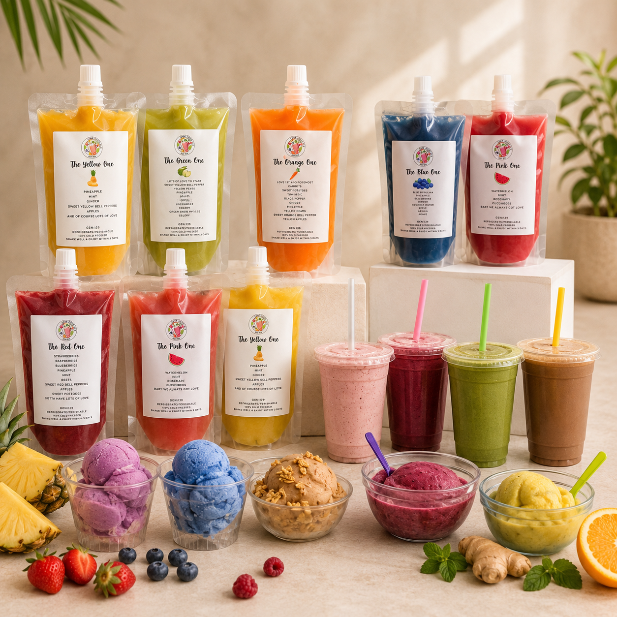 Assorted fruit smoothies and frozen fruit in bowls on a light-colored surface, with colorful fruit flavors labeled in stand-up pouches behind, and fresh pineapple, strawberries, blueberries, raspberries, ginger, and mint leaves in the foreground.