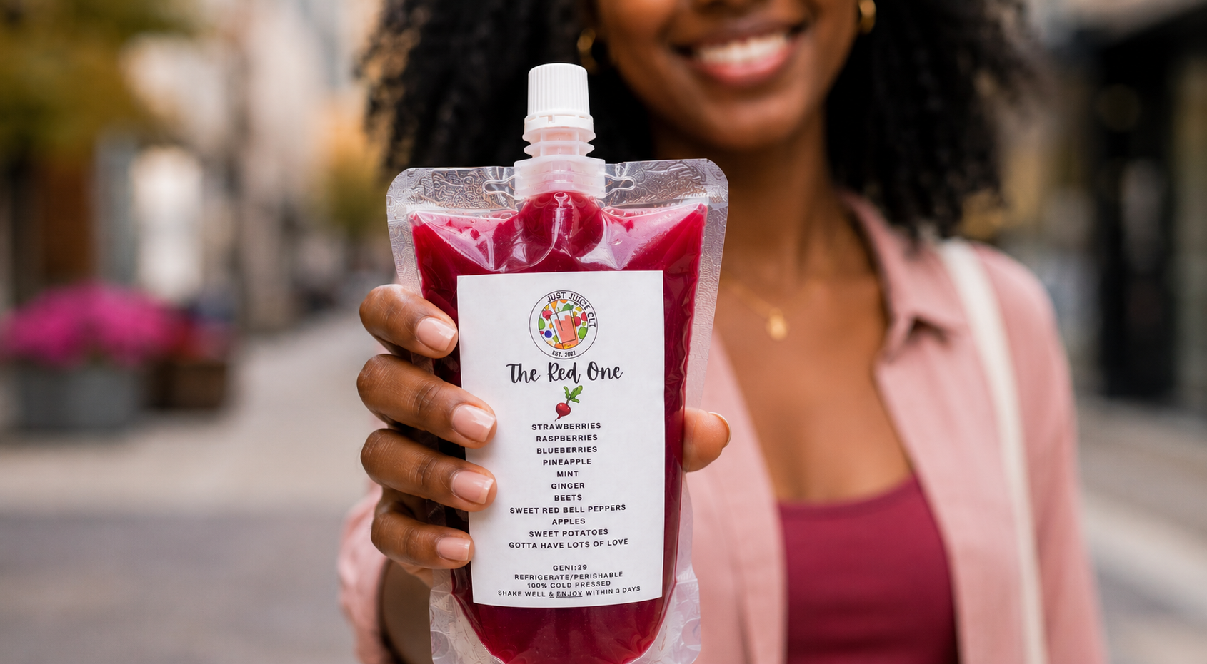 A woman holding a pouch of red liquid with a straw, smiling. The pouch has a label that reads 'The Red One' and lists ingredients including strawberries, raspberries, blueberries, pineapple, mint, ginger, beets, red bell peppers, apples, sweet potatoes, and offers refrigeration and storage instructions.