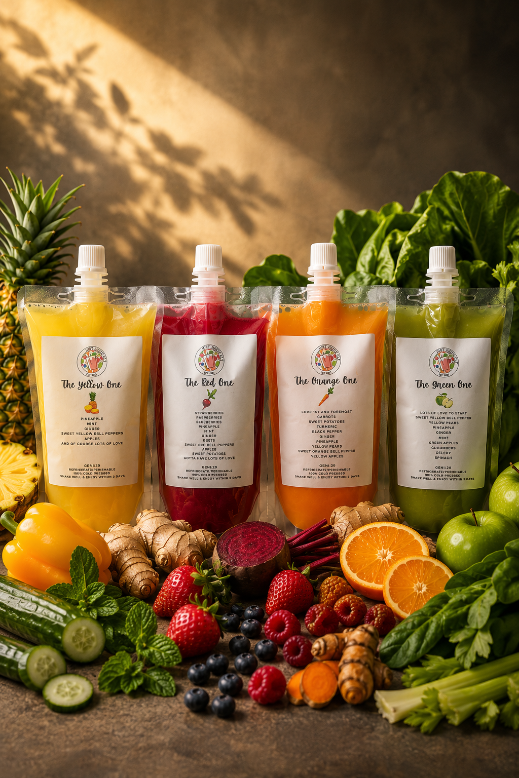 Four colorful cold-pressed juices from Just Juice CLT displayed with fresh fruits and vegetables, including pineapple, ginger, strawberries, blueberries, cucumber, oranges, and leafy greens.