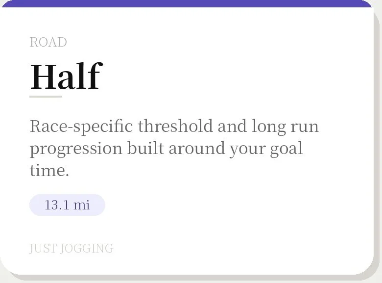 Screenshot of a running app interface showing the 'Half' race distance, description about race-specific threshold, and a distance of 13.1 miles.