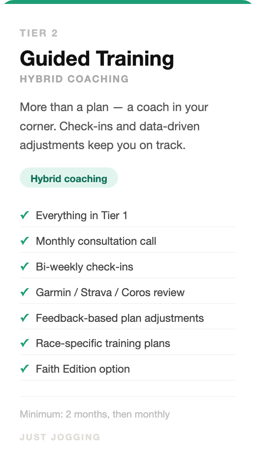 Information about tier 2 guided training with hybrid coaching, including check-ins, data-driven adjustments, and review of fitness devices.
