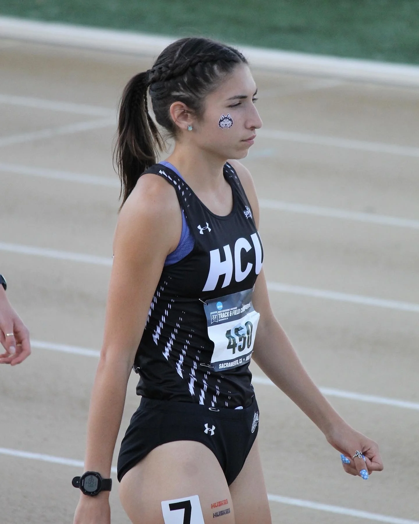Jessica Rabius walking down the home stretch before a NCAA National Track meet where she went on to place 3rd in NCAA West Prelims. The next day she went on to qualify for her first NCAA National Semi Finals track meet by getting Q in the 800 meters.
