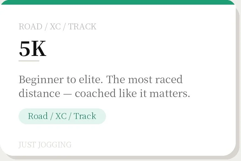 Text on a white and green background promoting a 5K running event, with categories for road, XC, and track, and a motivational message about distance coaching.