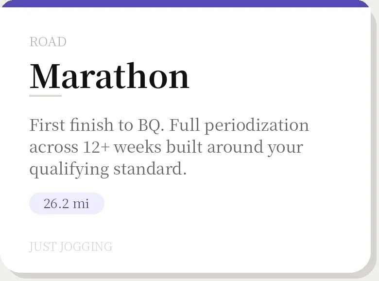 Text about a marathon race, indicating the first finish to the barbecue, full periodization across 12+ weeks built around qualifying standards, and a completed distance of 26.2 miles.