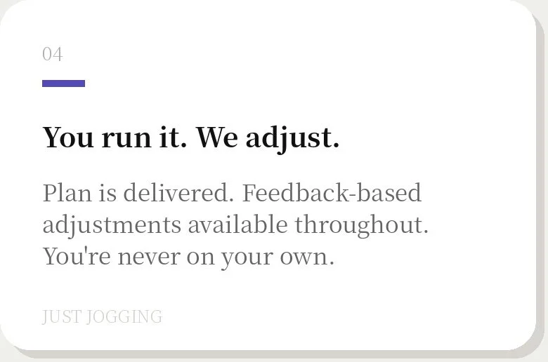 Book page with the heading 'You run it. We adjust.' and text explaining feedback-based adjustments for a plan.