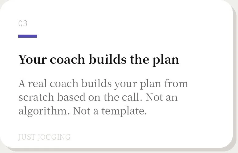 Text from a presentation slide stating, "Your coach builds the plan. A real coach builds your plan from scratch based on the call. Not an algorithm. Not a template."