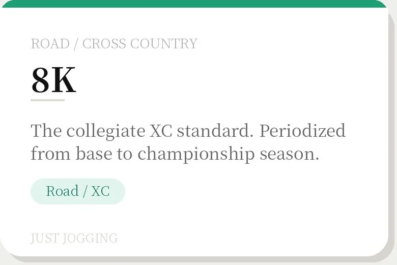 Text describing 8K cross country skiing race standards from base to championship season, with a highlighting button for 'Road/XC' in a light green shade.