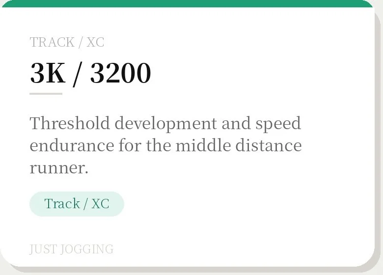 Text on a white background with green accents, displaying running track specifications: "3K / 3200" and description about middle-distance runner training, labeled "Track / XC."