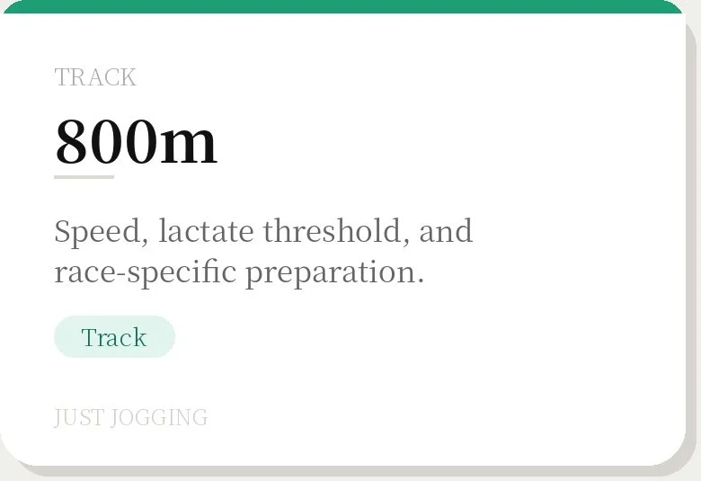 Track information for 800 meters, including speed, lactate threshold, and race-specific training.