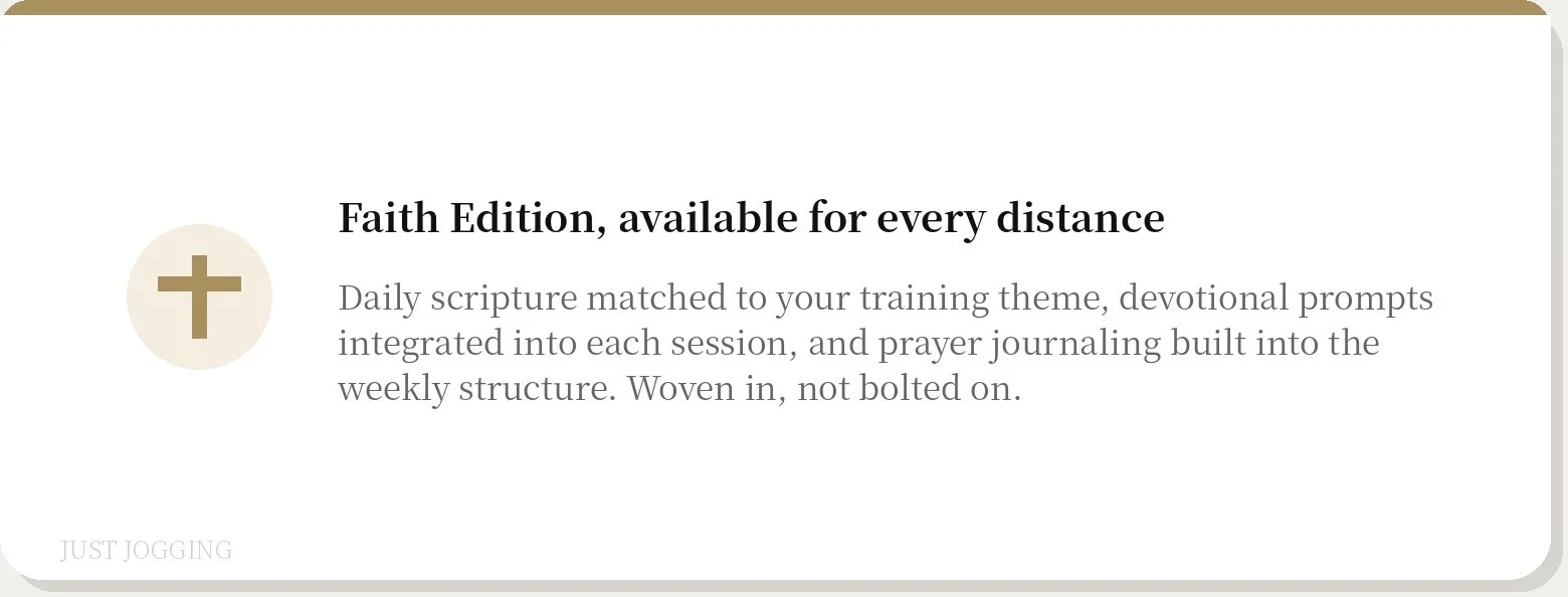 Description of the Faith Edition training program. It features a beige cross icon, centered text that reads 'Faith Edition, available for every distance' in bold, followed by a paragraph about daily scripture, devotional prompts, prayer journaling, and weekly structure. The background is white with rounded corners and a subtle gray border.
