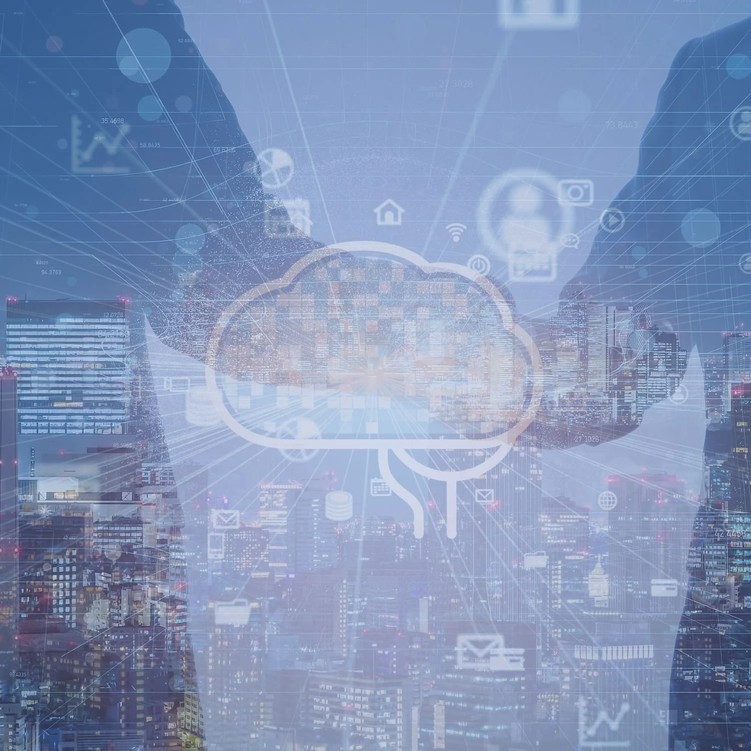 Double exposure image with a cityscape, handshake, and cloud computing graphic, ERP staffing process