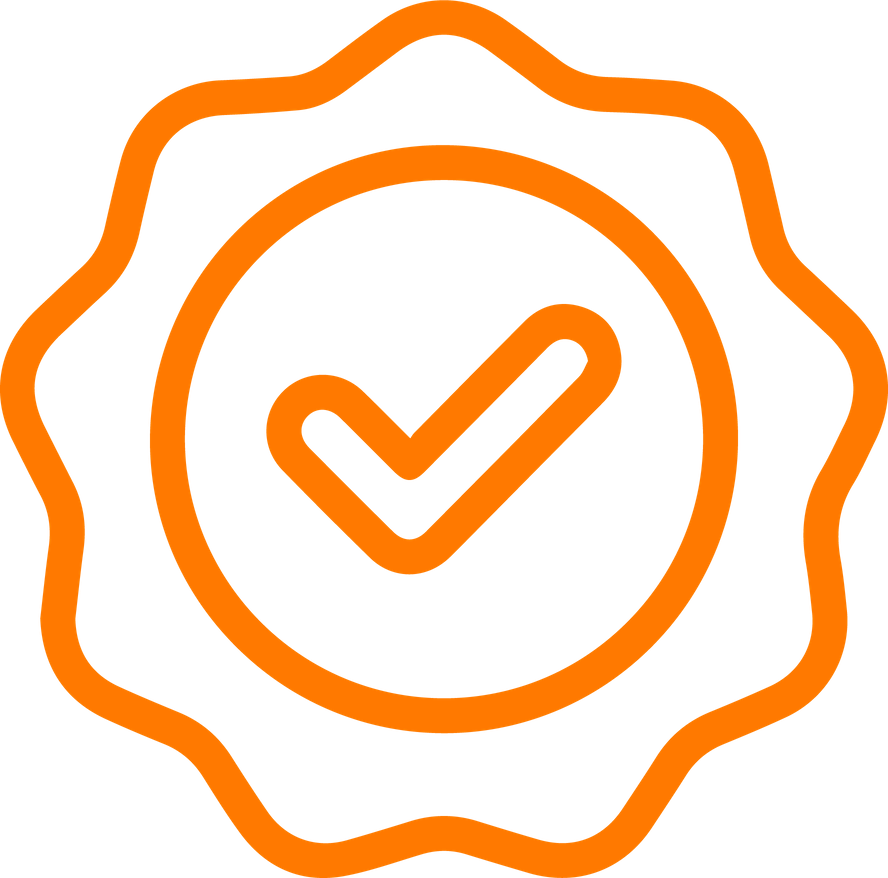 Orange badge with a checkmark inside a circle, indicating approval or verification.