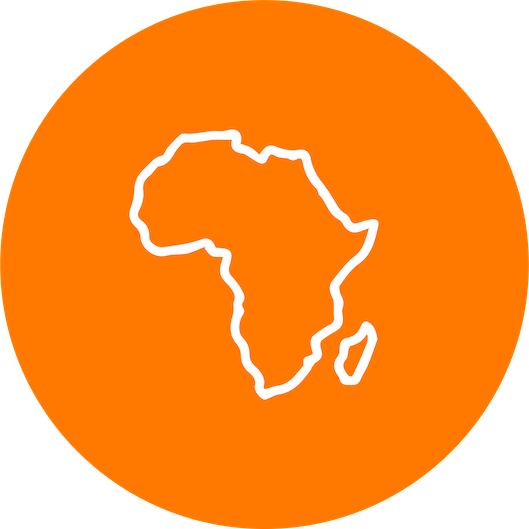Outline of the African continent in white on an orange circular background.