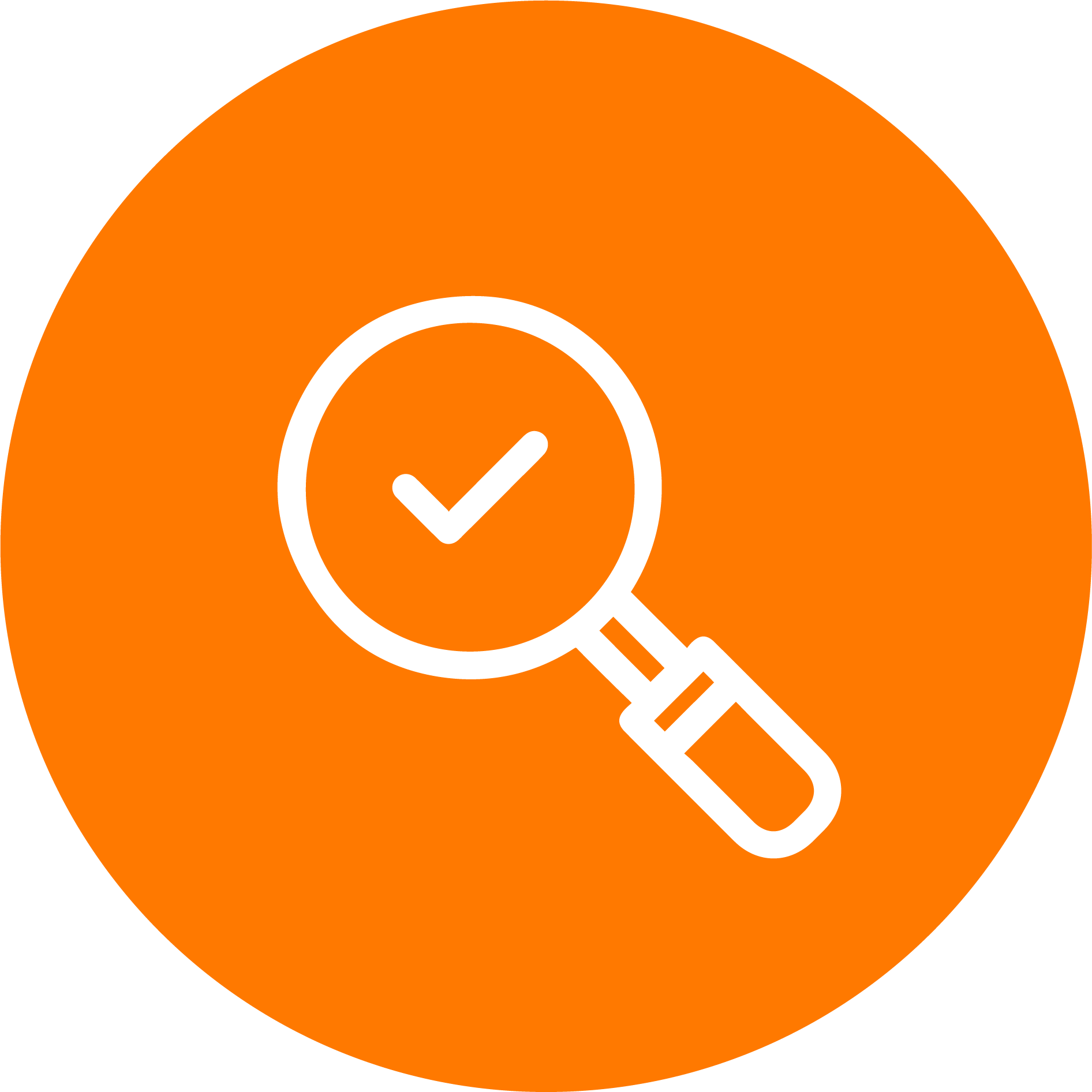 Orange circular icon with a white magnifying glass and check mark inside.