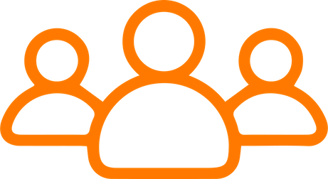 Icon of three people outlined in orange on a black background.