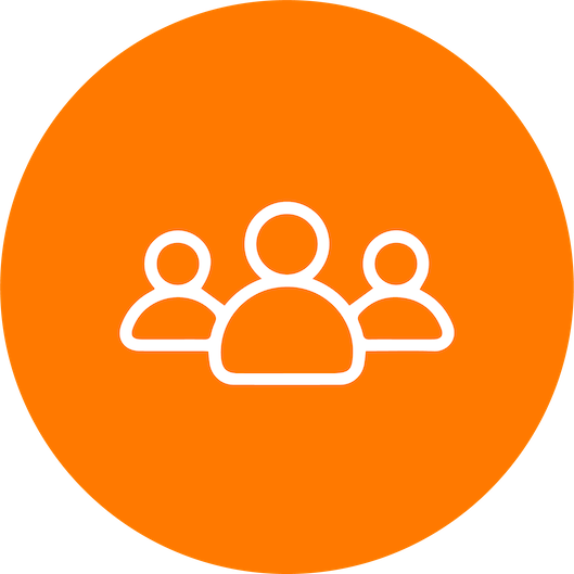 Icon of three people representing a group or community, on an orange circular background.