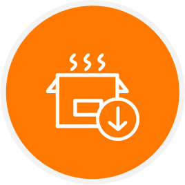 A steaming hot cookstove icon with a downward arrow icon, set against an orange background.
