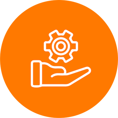 An orange circular button with a white icon of a hand holding a gear.