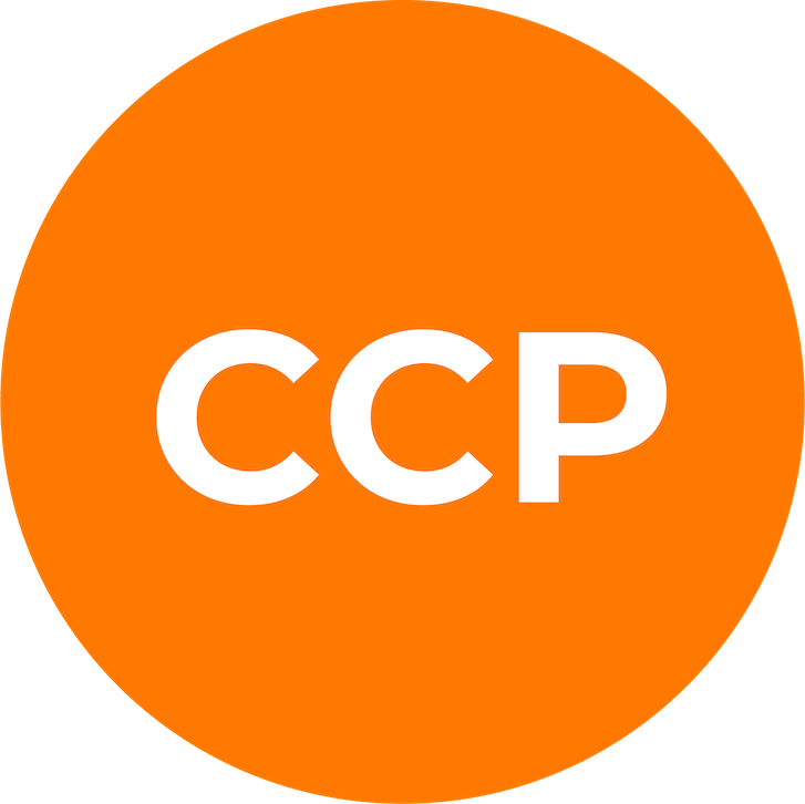 Orange circular background with white text 'CCP' in the center.