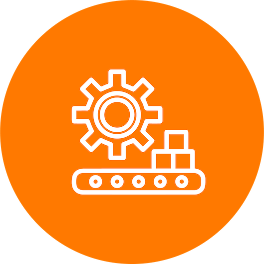 Icon of a gear and a conveyor belt with boxes on an orange background.