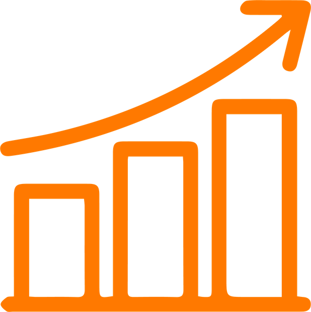 Orange bar chart with three ascending bars and an upward arrow, representing growth or increase.