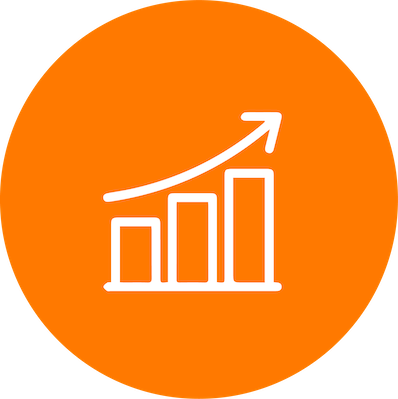 An orange circular background with a white ascending bar chart and upward arrow indicating growth or progress.