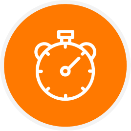 Icon of a stopwatch on an orange circular background.