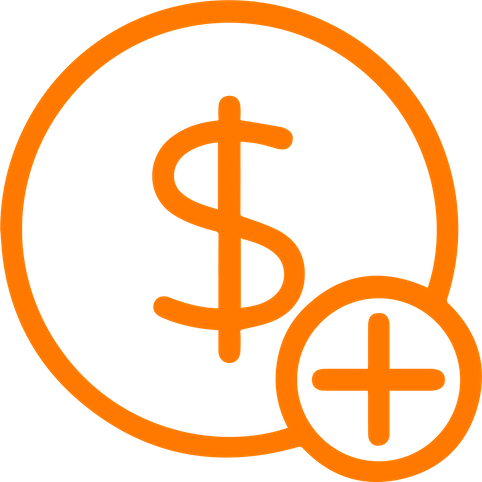 Orange icon of a dollar sign inside a circle with a smaller circle containing a plus sign.