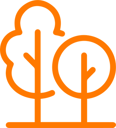 Orange line drawing of three stylized trees of different sizes on a black background.