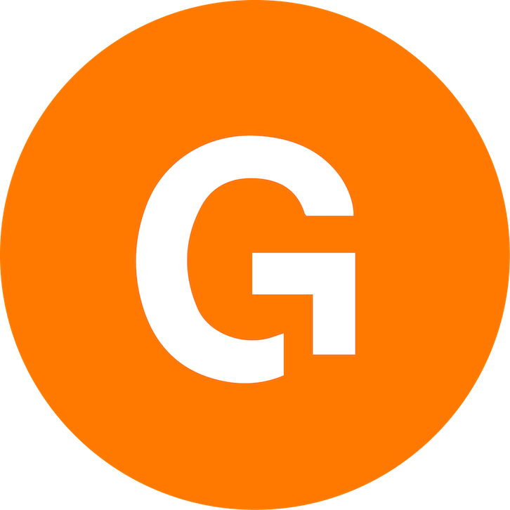 Orange circular logo with a white stylized letter G in the center