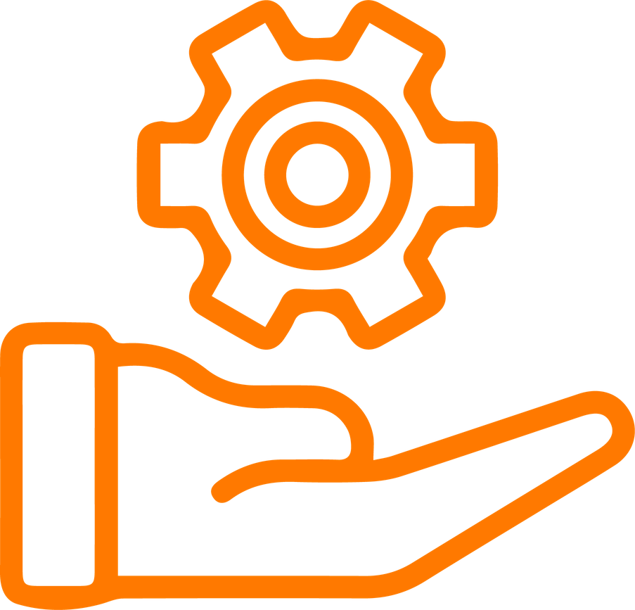 Outline of a hand holding a gear icon, representing maintenance, support, or engineering services.