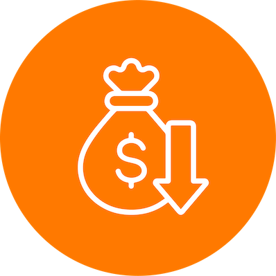Icon of a money bag with a dollar sign and a downward arrow, on an orange circular background.