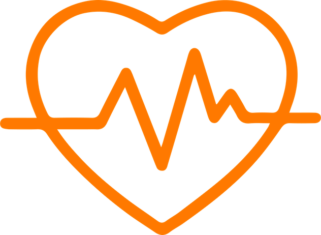 Orange outline of a heart with a heartbeat line running through it.