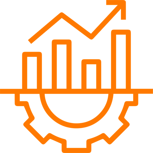An orange line graph with a rising arrow above bar chart and gear, symbolizing growth and analysis.