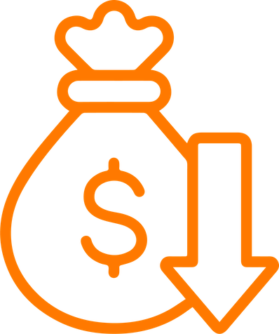 An orange outline of a money bag with a dollar sign, next to a downward arrow, indicating a decrease in money or value.